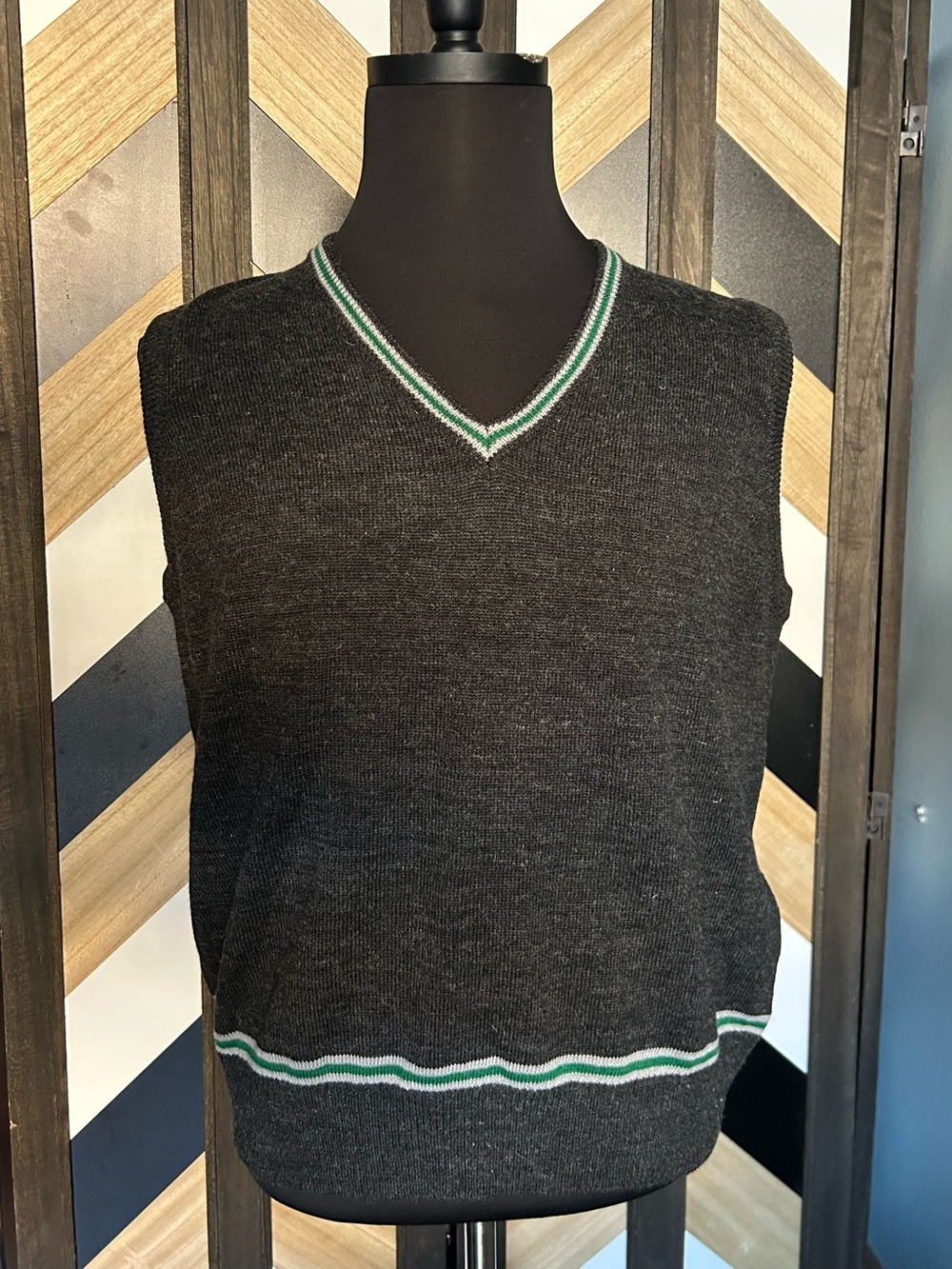 Charcoal Grey V-Neck Knit Vest with Green & White Trim